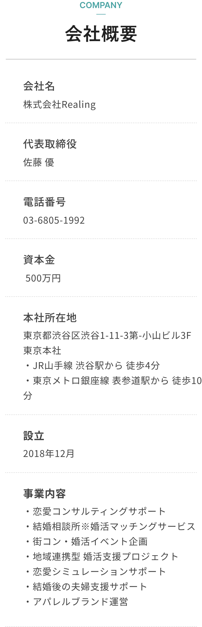 会社概要 - 株式会社Realing、代表取締役 佐藤優、東京都渋谷区渋谷1-11-3、2018年12月設立