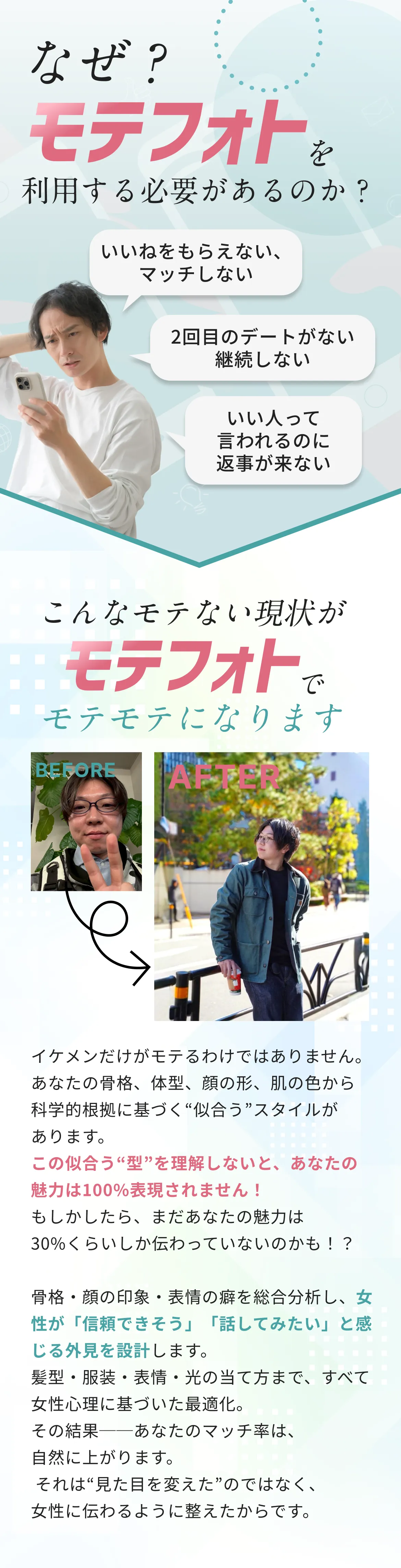 なぜモテフォトを利用する必要があるのか - いいねがもらえない、マッチしないなどの悩みをビフォーアフター事例で解決